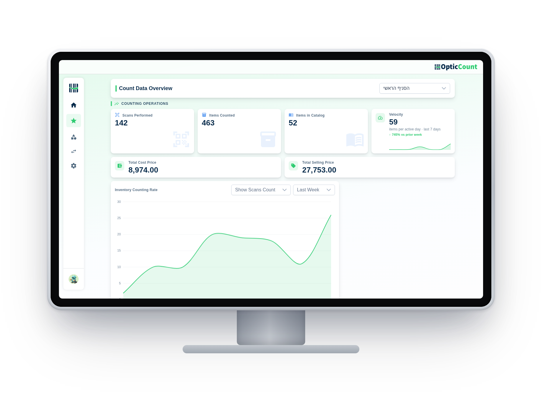 OpticCount management dashboard on desktop: count progress, scanners and totals in real time
