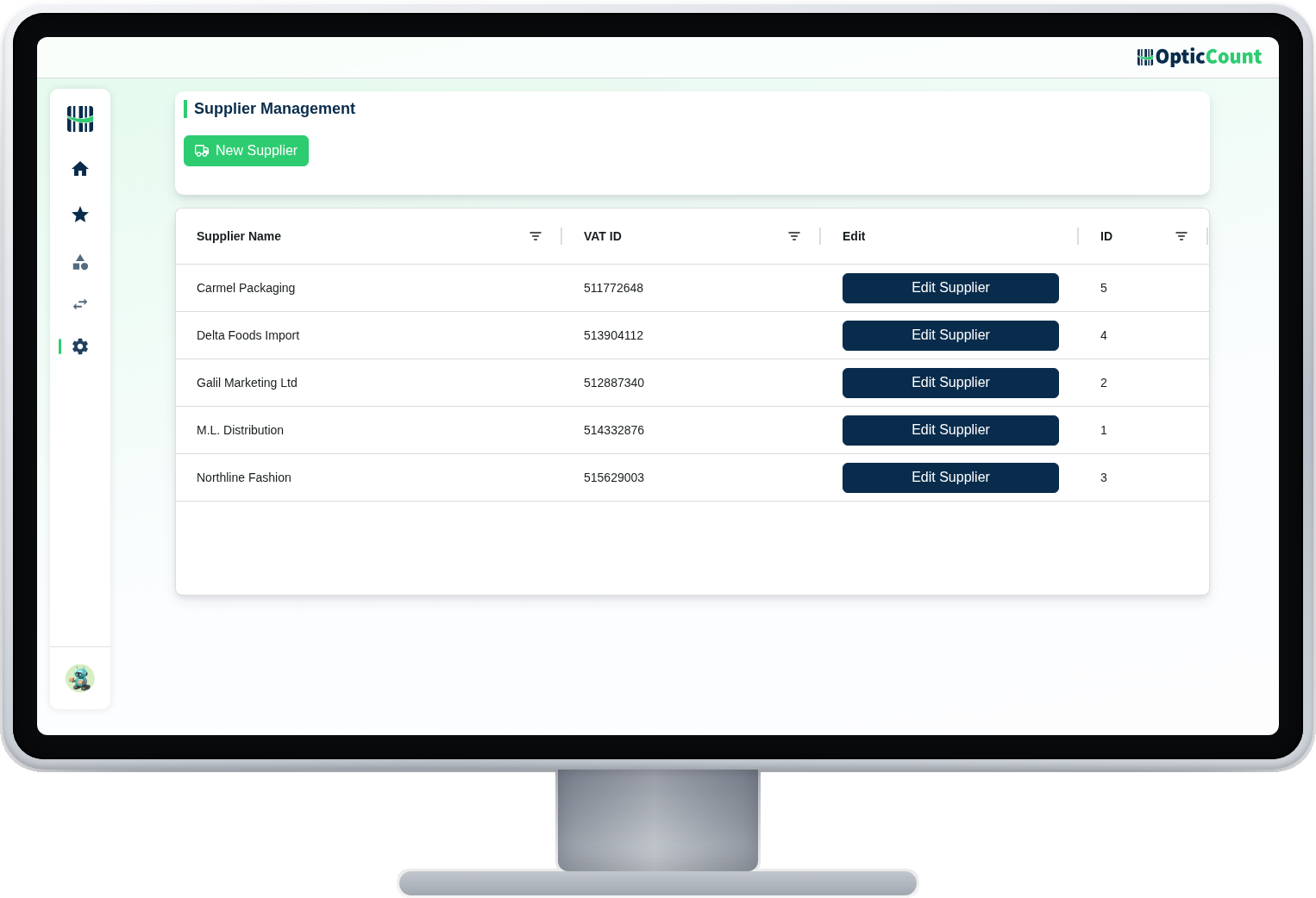 OpticCount's supplier management screen on a desktop monitor: a supplier table with contact details and edit actions
