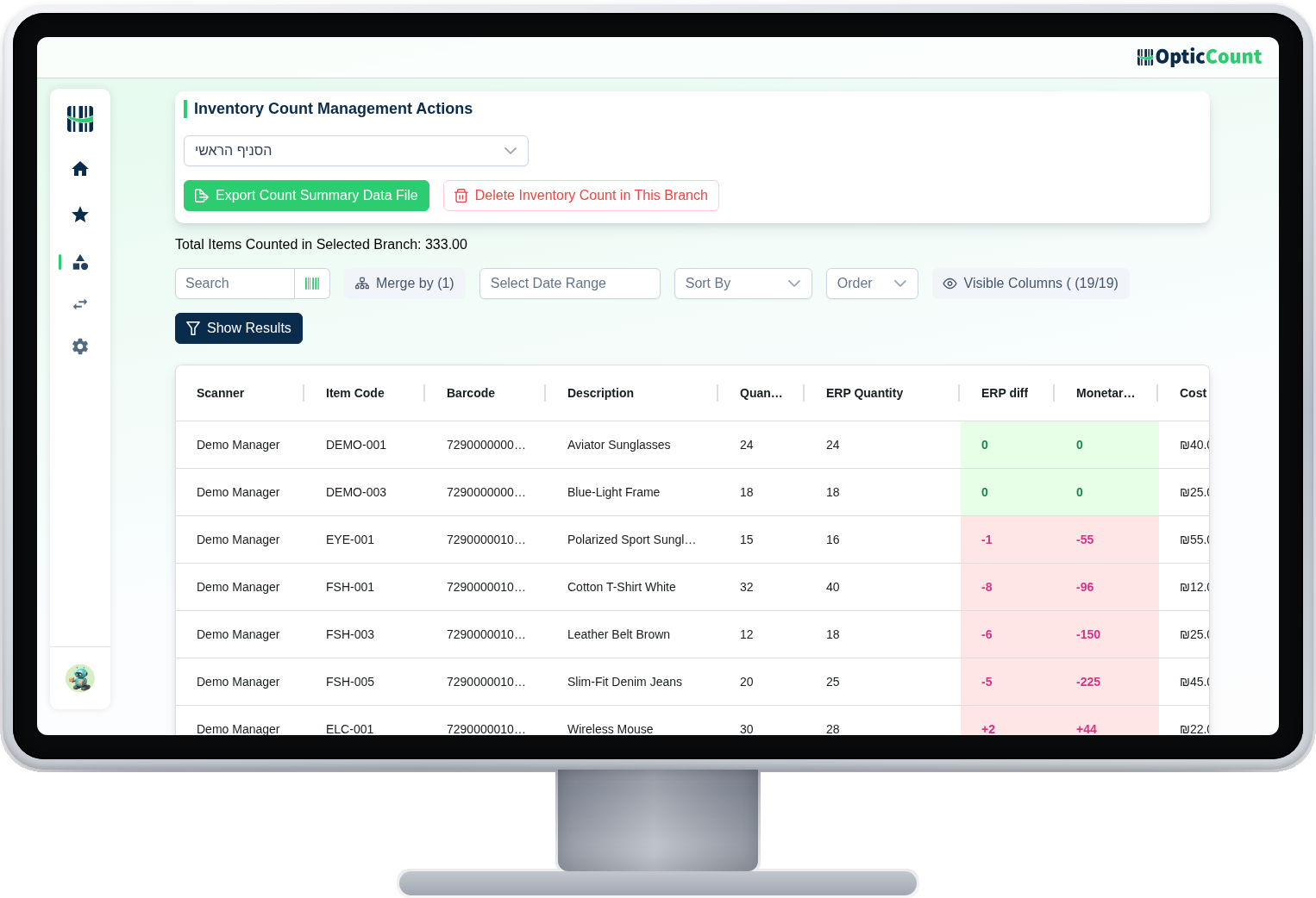 OpticCount count results on a desktop monitor: an item table with counted quantity, ERP value, difference and cost price, ready for export