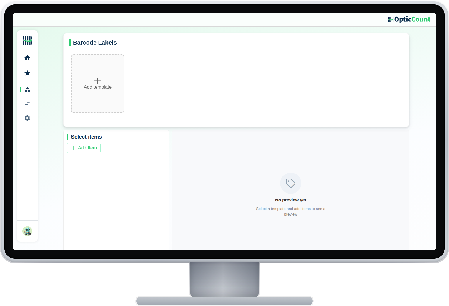 OpticCount's barcode label printing screen on a desktop monitor: picking catalog items and a label count per item
