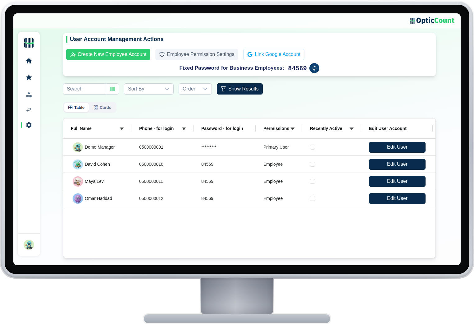 OpticCount's user management screen on a desktop monitor: a user table with tiers, assigned branches and edit actions