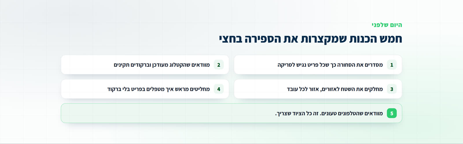 חמש הכנות ליום שלפני הספירה: סידור הסחורה, עדכון הקטלוג, חלוקה לאזורים, טיפול בפריטים בלי ברקוד וטעינת הטלפונים