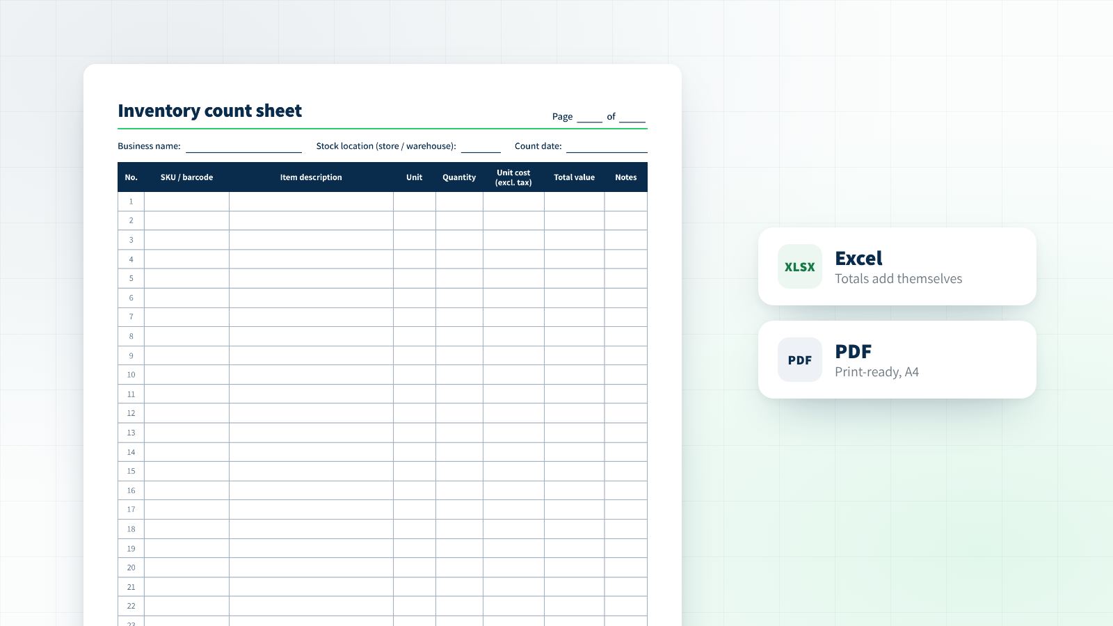 An inventory count sheet with columns for SKU, item description, quantity, unit cost and total value, next to two files to download: Excel and PDF