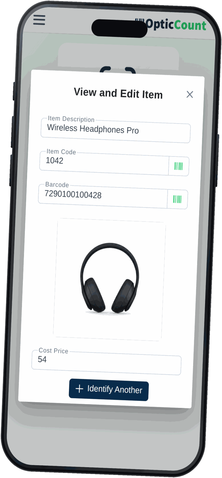 The item identification screen in OpticCount on a smartphone: item details and per-branch stock after a scan