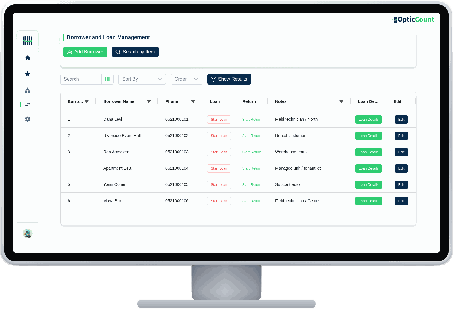 The borrower management screen in OpticCount: the borrower list with loan, return and loan-detail actions