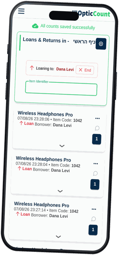 A loan session on a smartphone: locked to one borrower, with every scan recorded as a loan