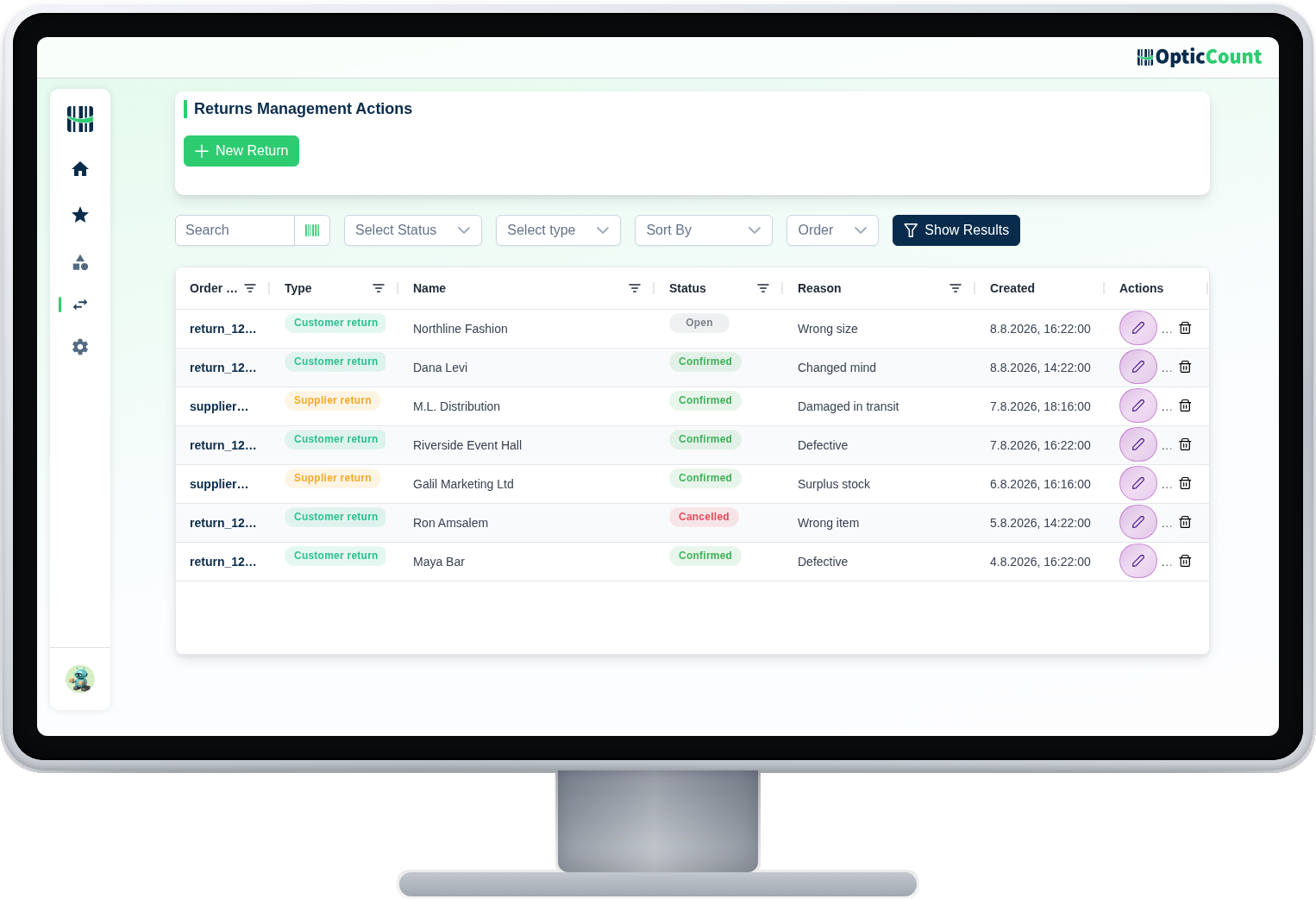 The returns management screen in OpticCount: the return documents table with number, customer, status and reason on each row