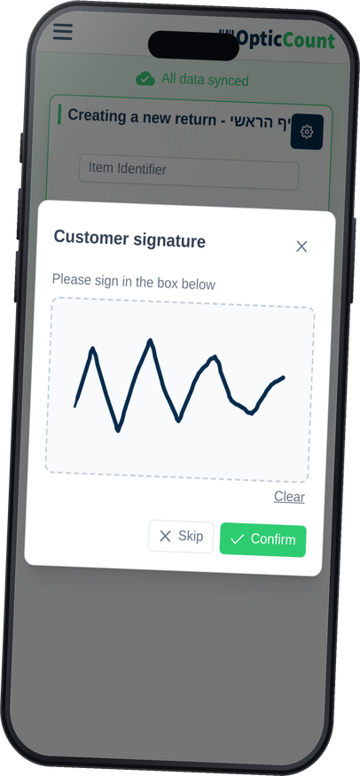 Capturing a customer signature for a return on a smartphone: the signature dialog opens as the document closes